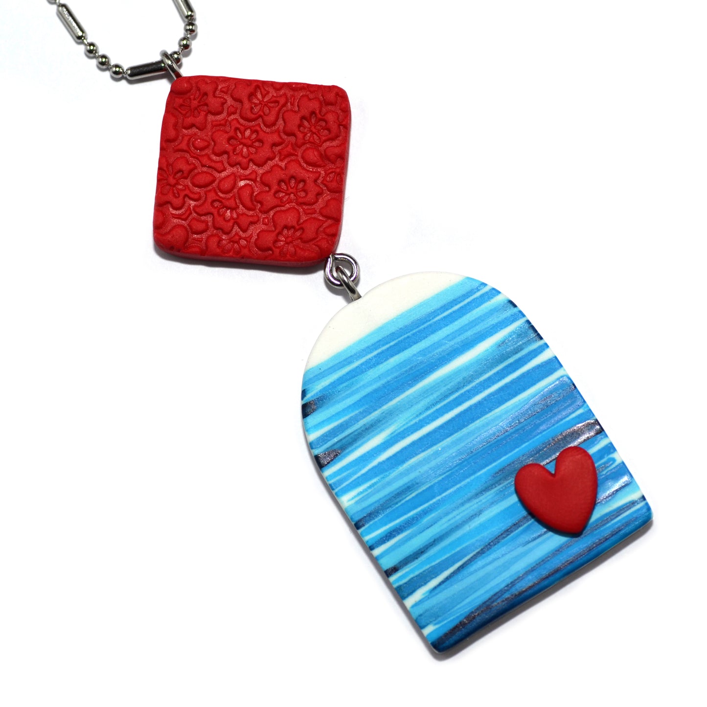 Μακρύ κολιέ ριγέ τυρκουάζ αψίδα με κόκκινο τετραγωνάκι από πολυμερικό πηλό