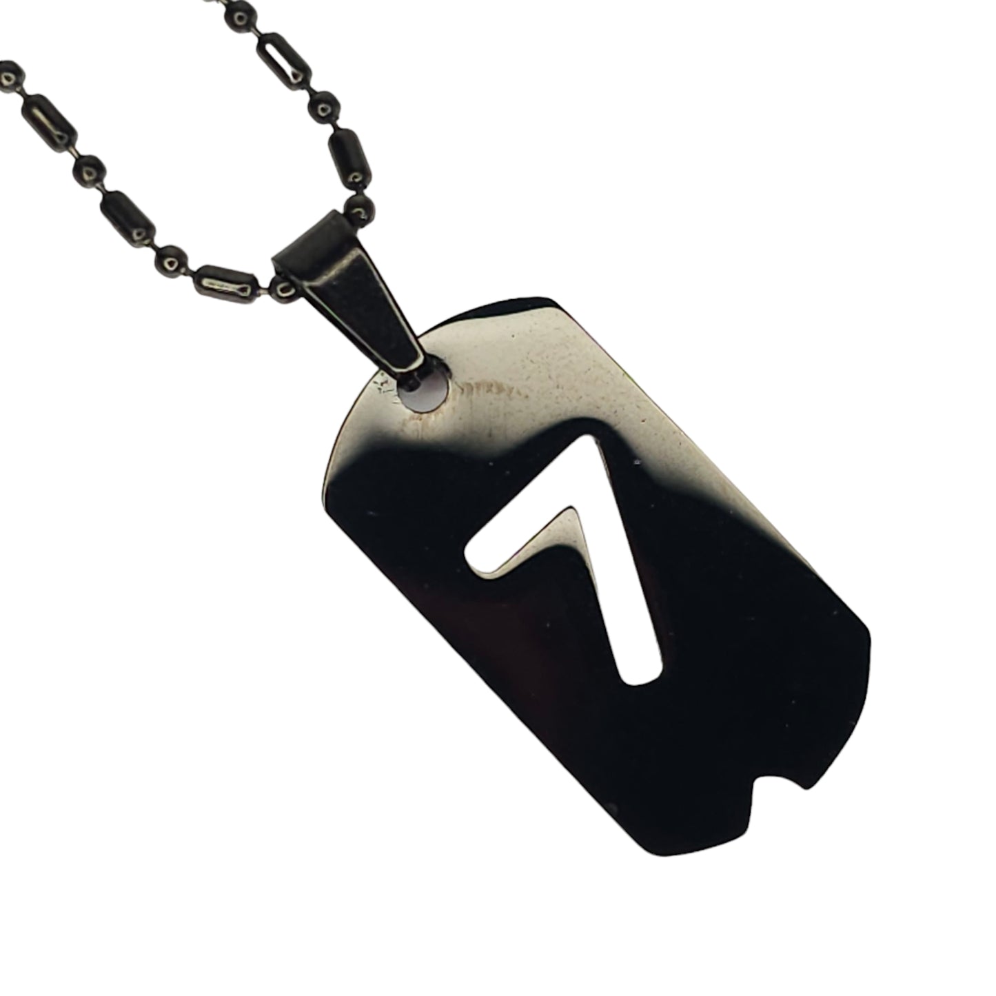 Μαύρο μακρύ μενταγιόν ταμπελάκι με τον τυχερό αριθμό 7 από ανοξείδωτο ατσάλι