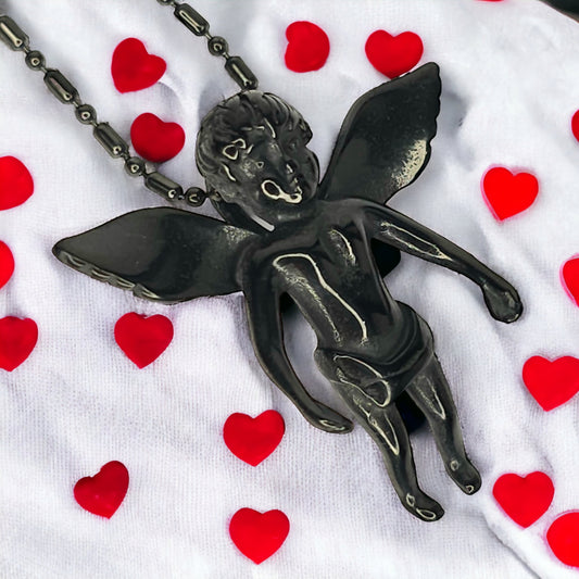 Μαύρο μεγάλο μακρύ μενταγιόν αγγελάκι από ανοξείδωτο ατσάλι