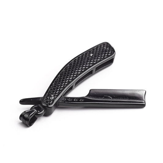 Μαύρο μεγάλο μακρύ μενταγιόν φαλτσέτα του κουρέα από ανοξείδωτο ατσάλι - δώρο για κομμωτή