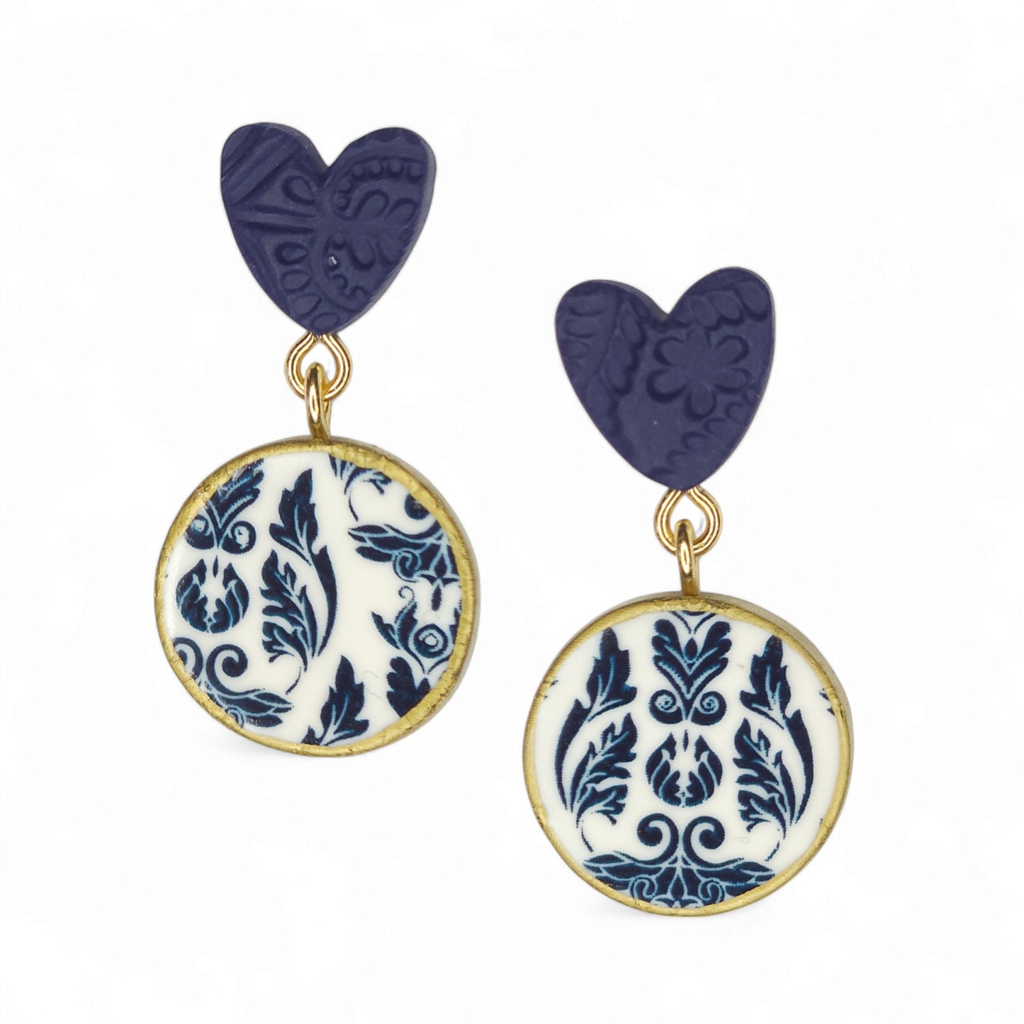 Σκουλαρίκια κρεμαστά στρογγυλά μπλε μεταξοτυπία σε μπαρόκ στυλ με μπλε καρδιές