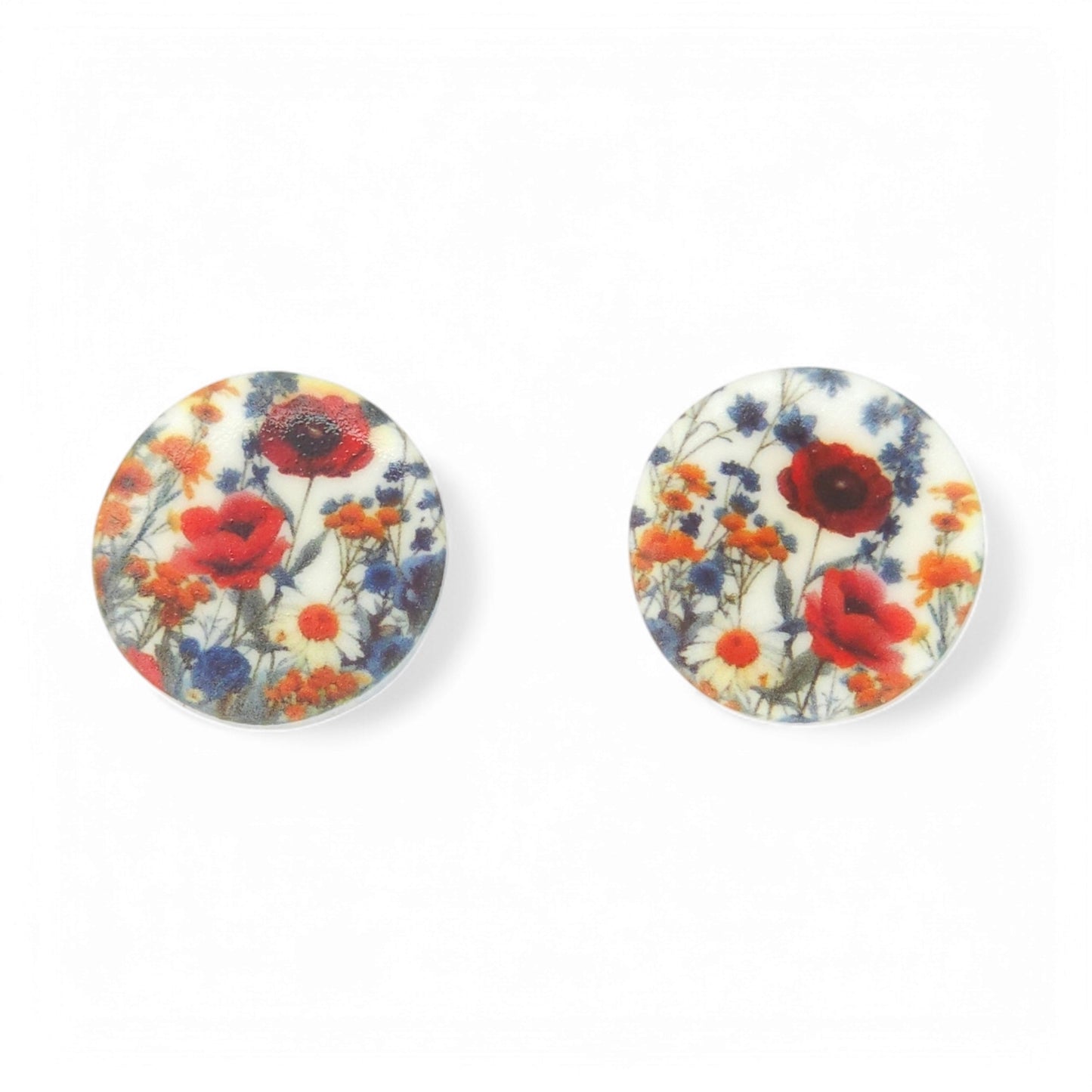 Καρφωτά σκουλαρίκια στρογγυλά με μοτίβο λουλούδια του αγρού από πολυμερικό πηλό