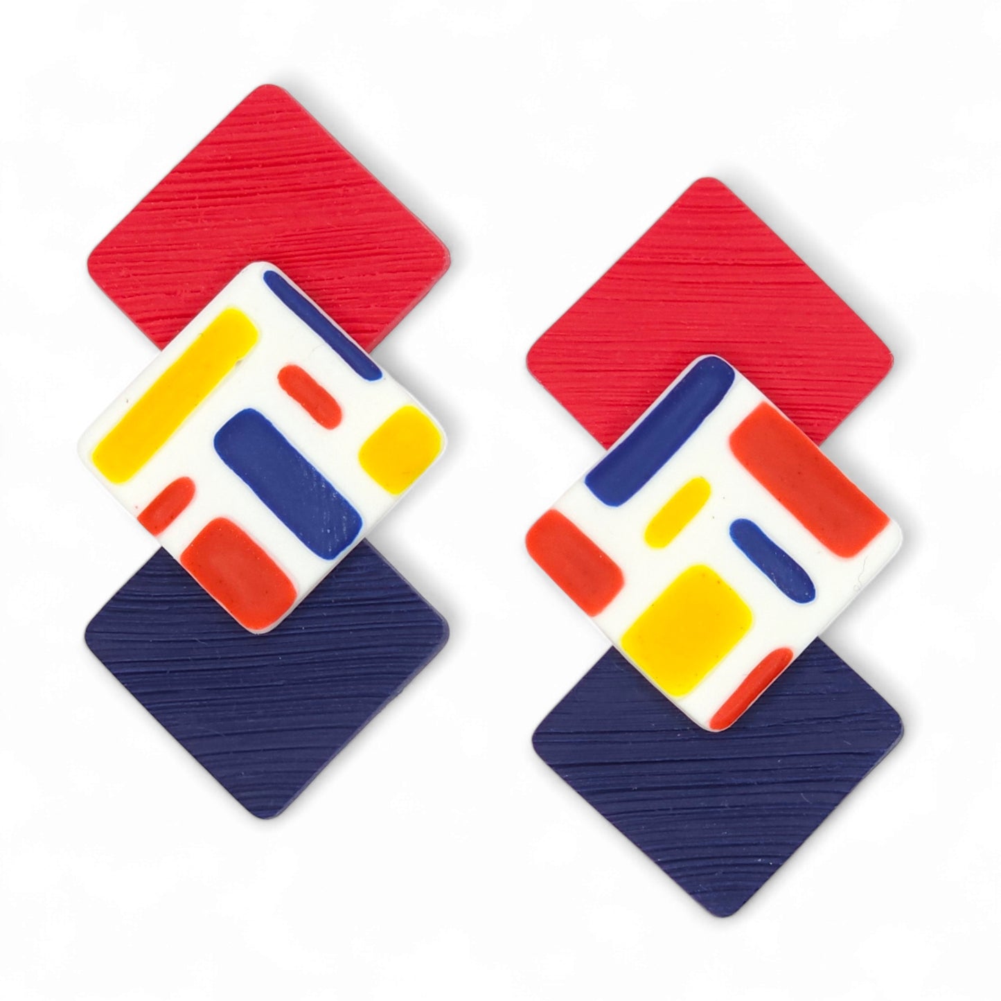 Σκουλαρίκια καρφωτά τετραγωνάκια με μοτίβο Mondrian από πολυμερικό πηλό