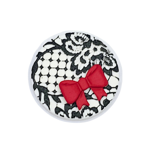 Στρογγυλό ρομαντικό δαχτυλίδι μαύρη δαντέλα με κόκκινο φιόγκο από πολυμερικό πηλό