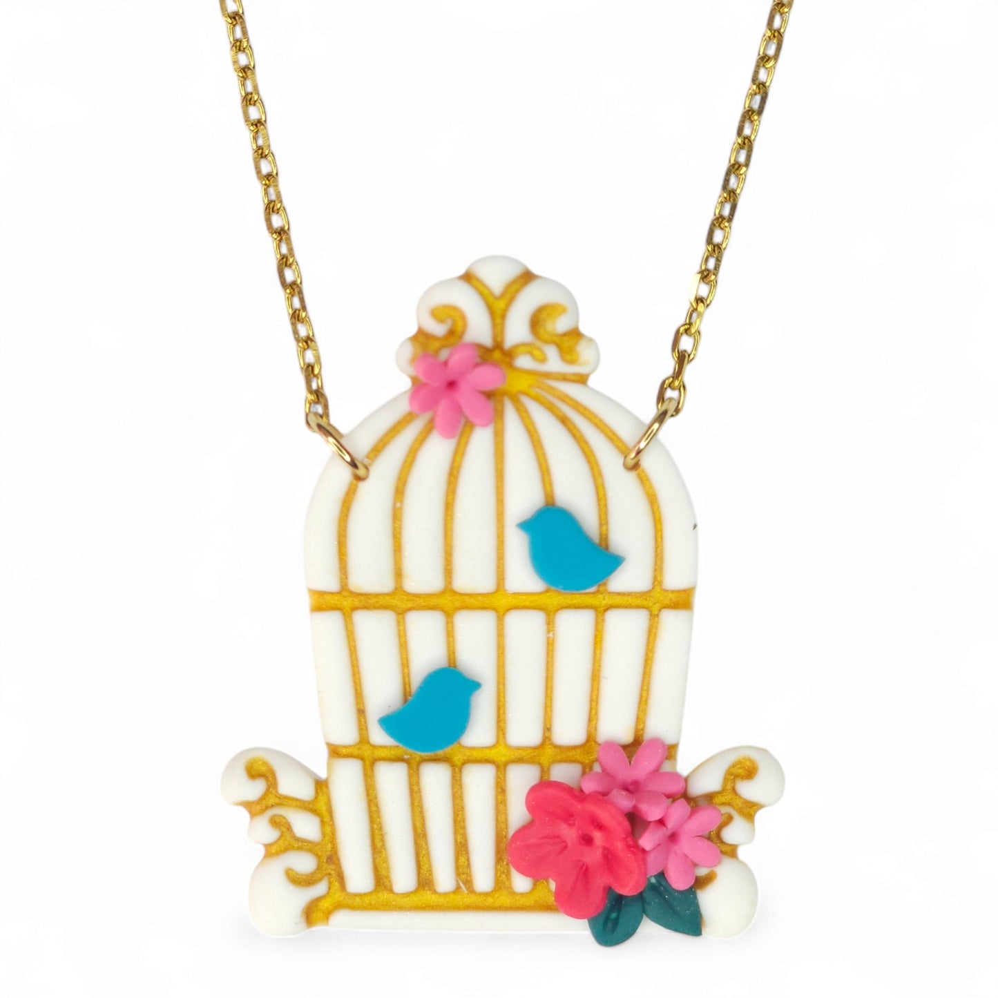 Μακρύ κολιέ παραμυθένιο χρυσό κλουβί από πολυμερικό πηλό με ατσάλινη αλυσίδα