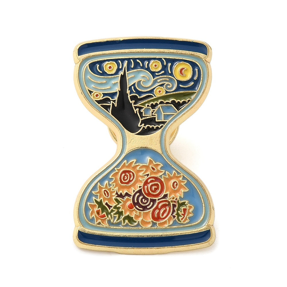 Πρωτότυπη μεταλλική καρφίτσα χρυσή κλεψύδρα με πίνακες του Van Gogh