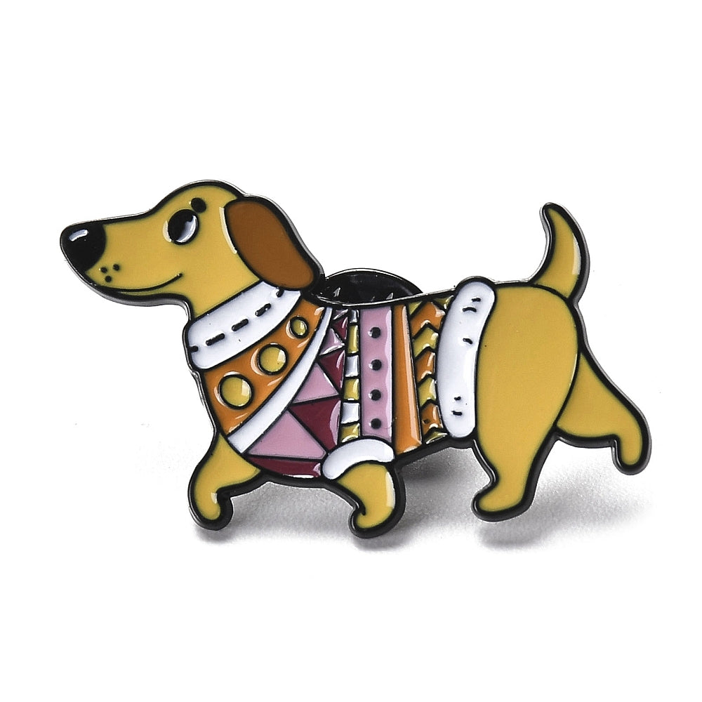 Μεταλλική καρφίτσα καφέ σκυλάκι με πολύχρωμο πουλοβεράκι