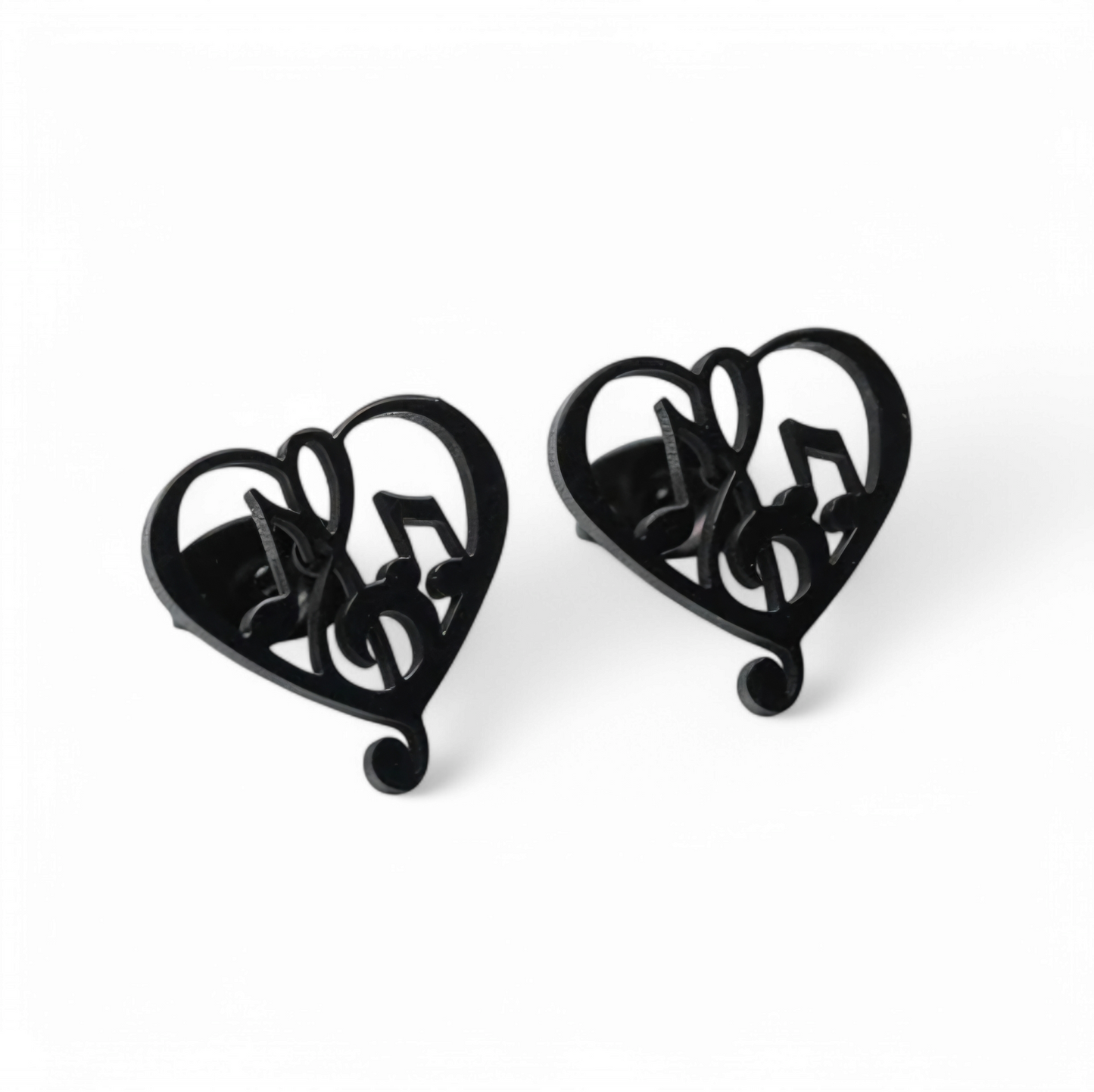 Σκουλαρίκια καρφωτά καρδιές με μουσικές νότες μαύρο ανοξείδωτο ατσάλι - δώρο για δασκάλα μουσικής