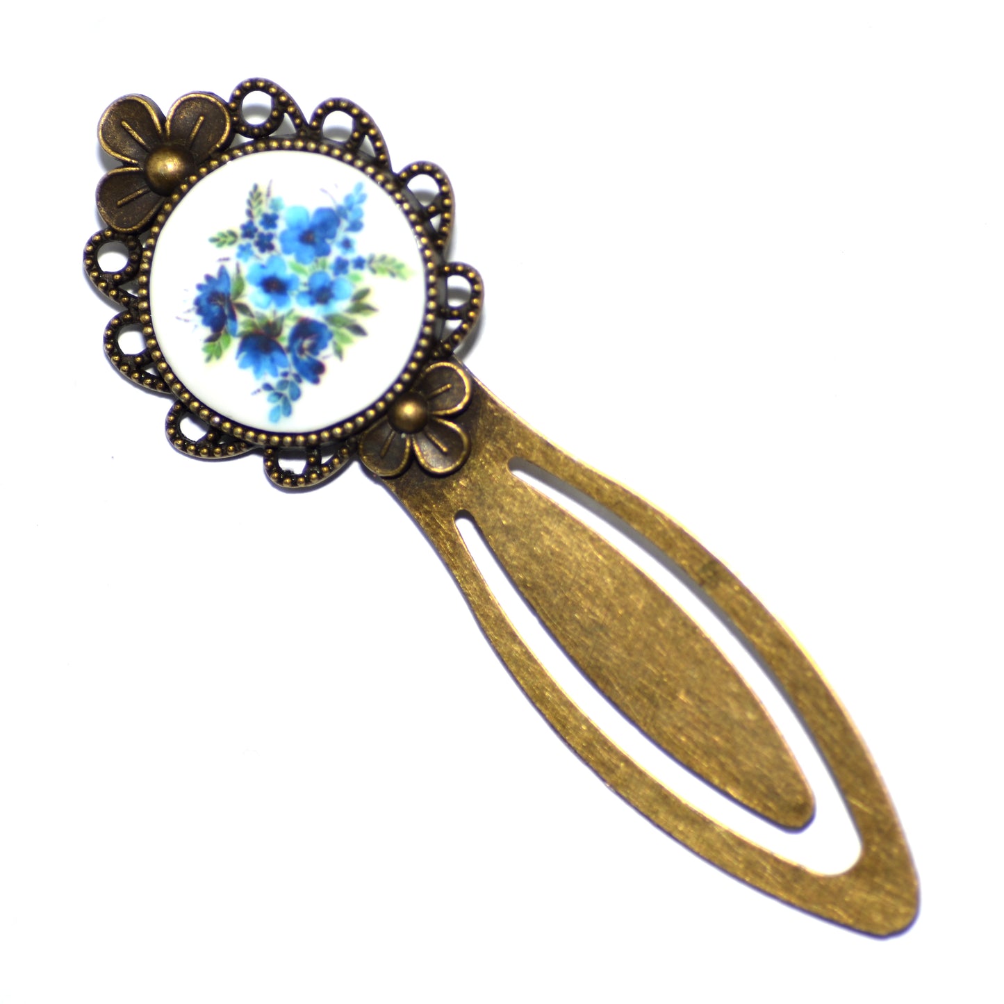 Μεταλλικός βίνταζ μπρονζέ σελιδοδείκτης με μπλε λουλούδια