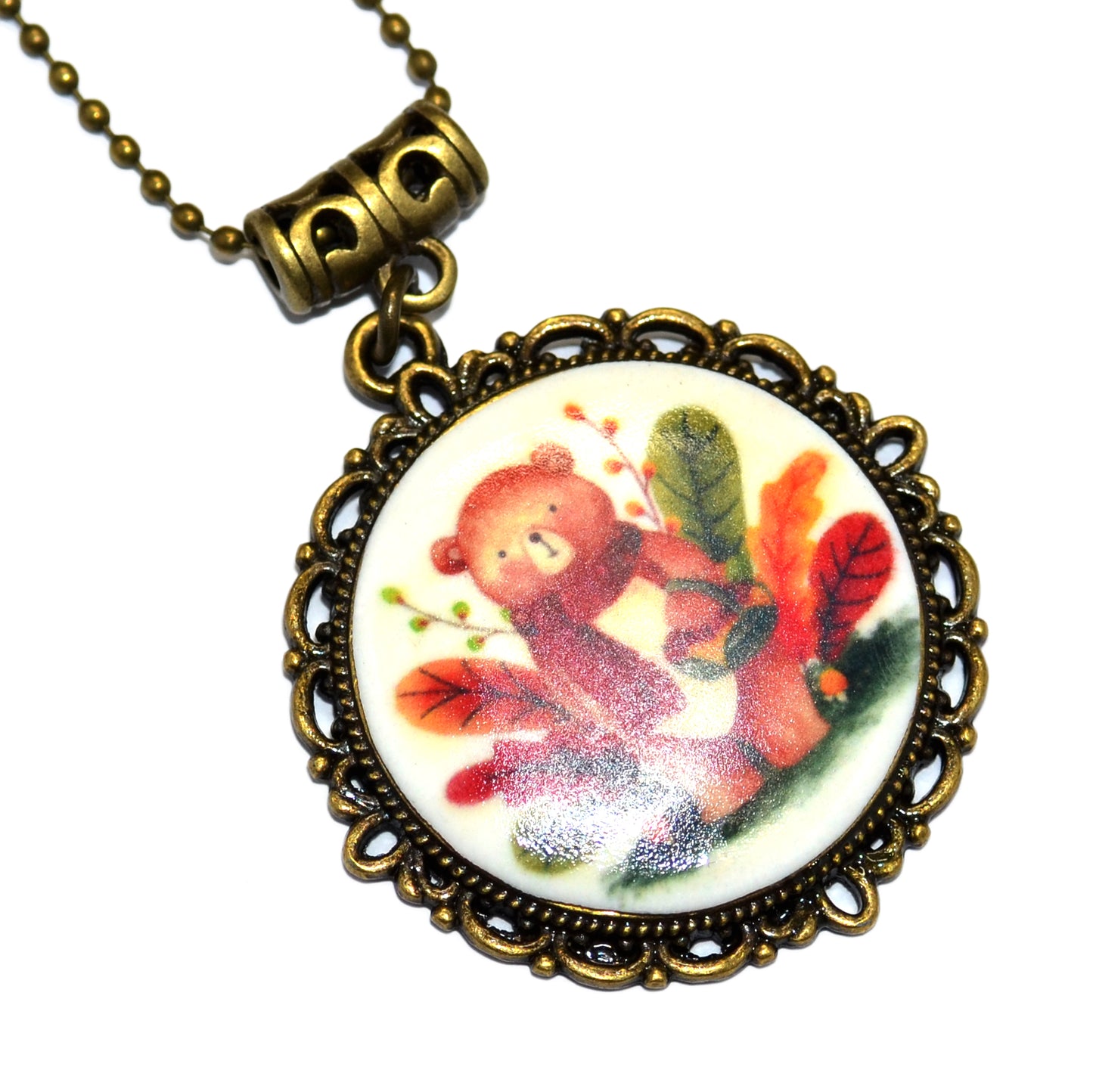 Μενταγιόν σε βίνταζ μπρονζέ στρογγυλή βάση αρκούδα φθινοπωρινά φύλλα