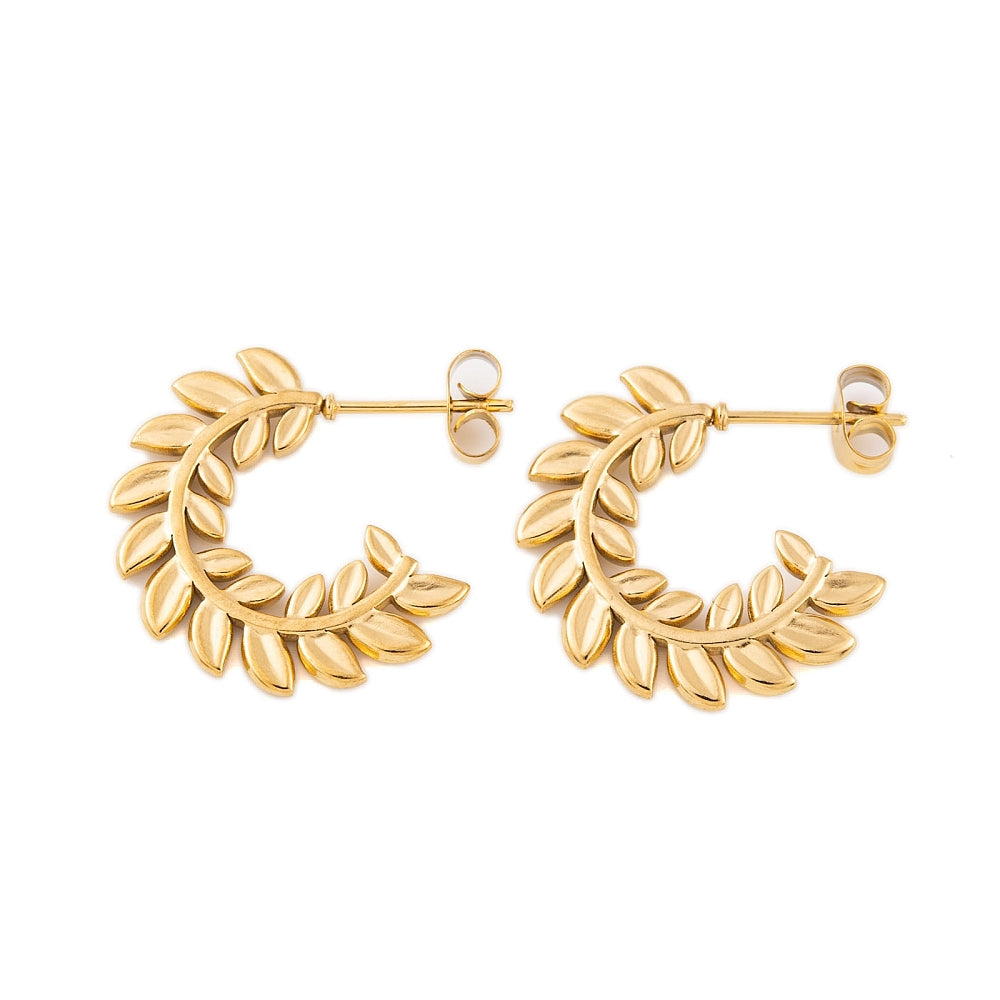 Καρφωτά σκουλαρίκια κρίκοι με φύλλα από επιχρυσωμένο ανοξείδωτο ατσάλι