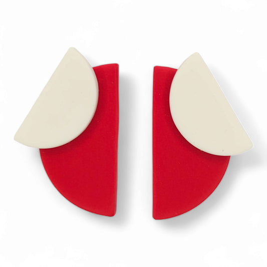 Σκουλαρίκια καρφωτά ημικύκλια κόκκινο με άσπρο από πολυμερικό πηλό