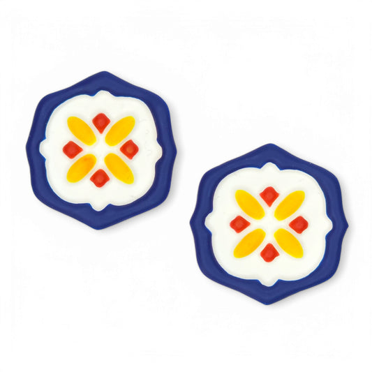 Σκουλαρίκια καρφωτά μεγάλα μπλε πλακάκια από πολυμερικό πηλό στα χρώματα του Mondrian