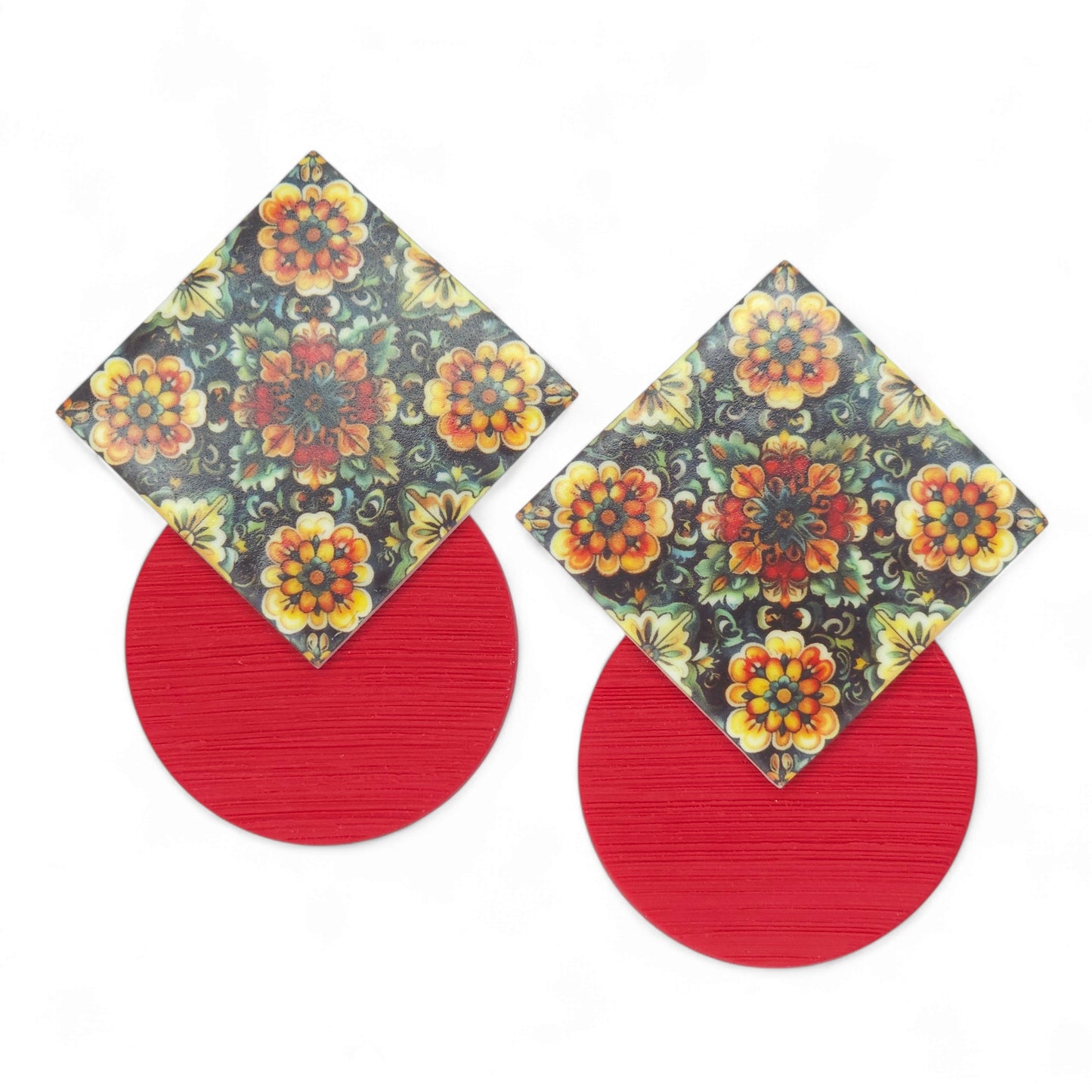 Μεγάλα statement σκουλαρίκια με μοτίβο πράσινα Μαροκινά πλακάκια από πολυμερικό πηλό