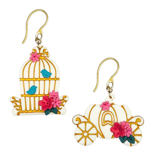 Παραμυθένια κρεμαστά σκουλαρίκια παραδεισένιο κλουβί και άμαξα κολοκύθα από πολυμερικό πηλό