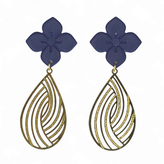 Σκουλαρίκια κρεμαστά μπλε μαρίν λουλούδια από πολυμερικό πηλό με χρυσά ατσάλινα φιλιγκράν