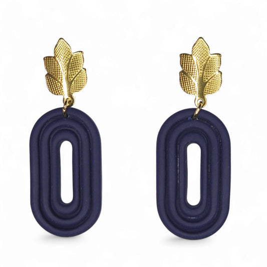 Σκουλαρίκια κρεμαστά γεωμετρικά μπλε μαρίν από πολυμερικό πηλό με χρυσά ατσάλινα φύλλα