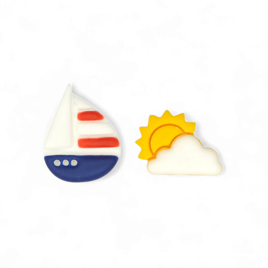 Ανόμοια καρφωτά σκουλαρίκια μαρίν καραβάκι και συννεφάκι με ήλιο από πολυμερικό πηλό