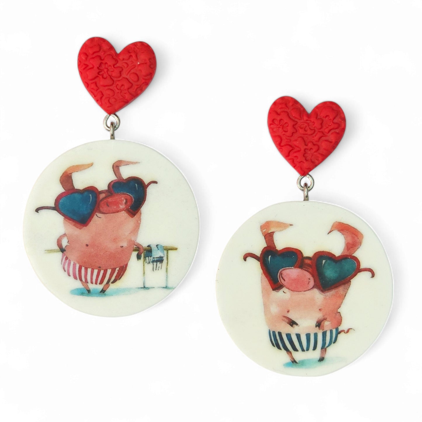 Μεγάλα εντυπωσιακά παιχνιδιάρικα κρεμαστά καλοκαιρινά σκουλαρίκια με γουρουνάκια από πολυμερικό πηλό