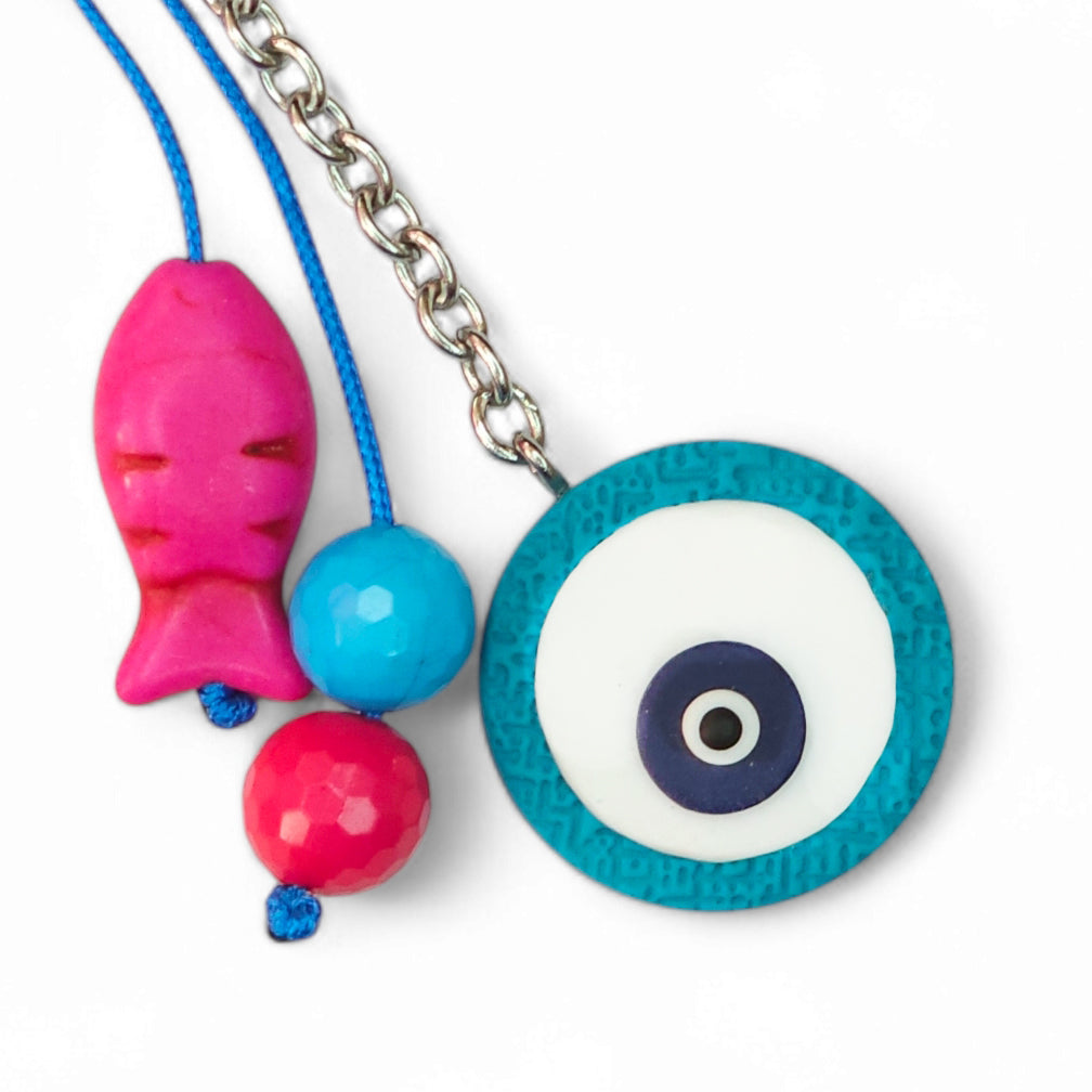 Ατσάλινο μπρελόκ με τυρκουάζ μάτι από πολυμερικό πηλό