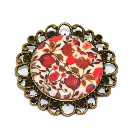 Στρογγυλή βίνταζ καρφίτσα με φθινοπωρινό λουλουδάτο μοτίβο