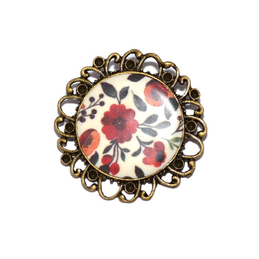 Στρογγυλή βίνταζ καρφίτσα με φθινοπωρινό λουλουδάτο μοτίβο